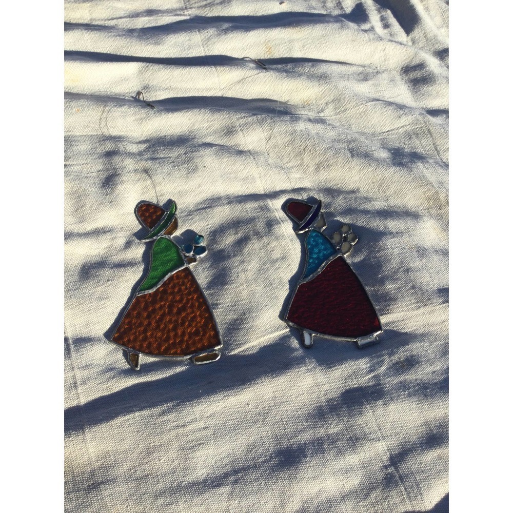 handmade suncatcher ladies pilgrim set of 2 cottagecore yellow red‎ glass garden